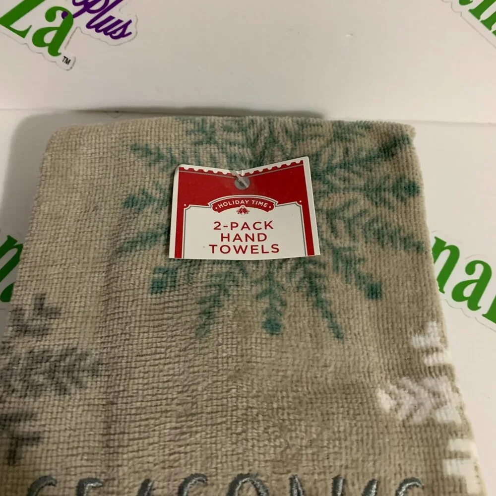 Holiday Time Christmas 2 Pack Hand Towel Set Seasons Greetings Snowflakes Gray